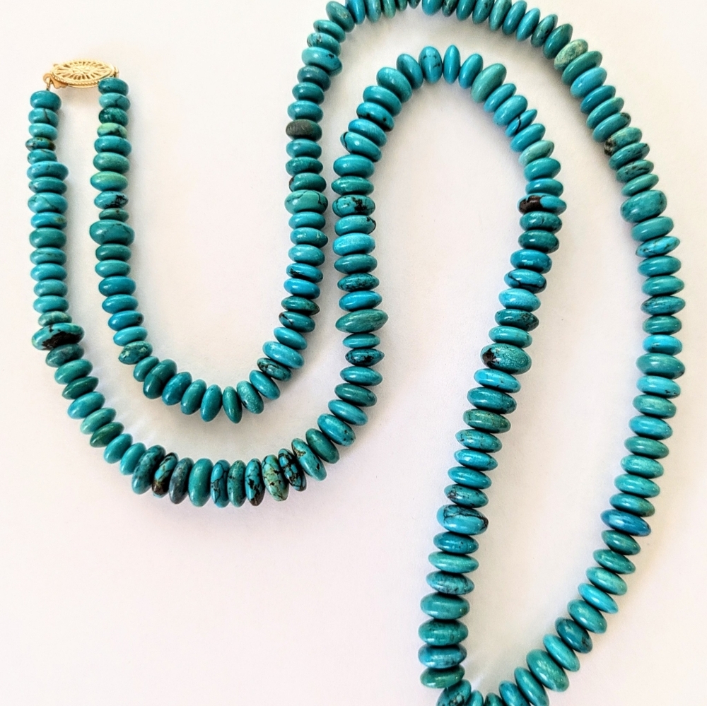 Vintage N.A. Blue Turquoise Rondels Beaded Necklace 14k Yellow Gold Clasp 29"